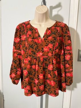 Women’s Sonoma Elegant Floral Peasant Top Balloon Sleeves Brown Size PM NWT